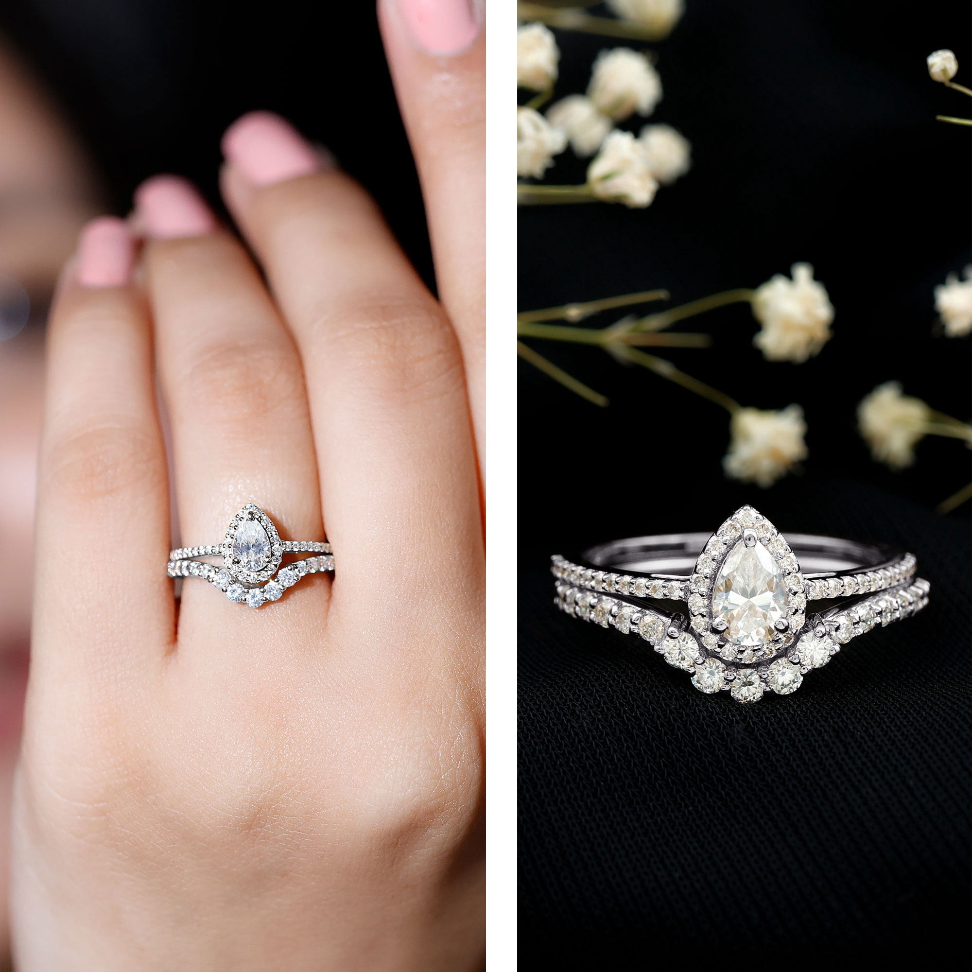 Rosec Jewels Moissanite Wedding Ring Set for Women - D-VS1 Quality Pear Shaped Engagement Ring with Curved Band, 14K White Gold, US 11.00