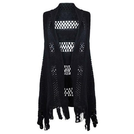 Cashmere Knit Vest - Black Open Knit Vest Cardigan With Fringe