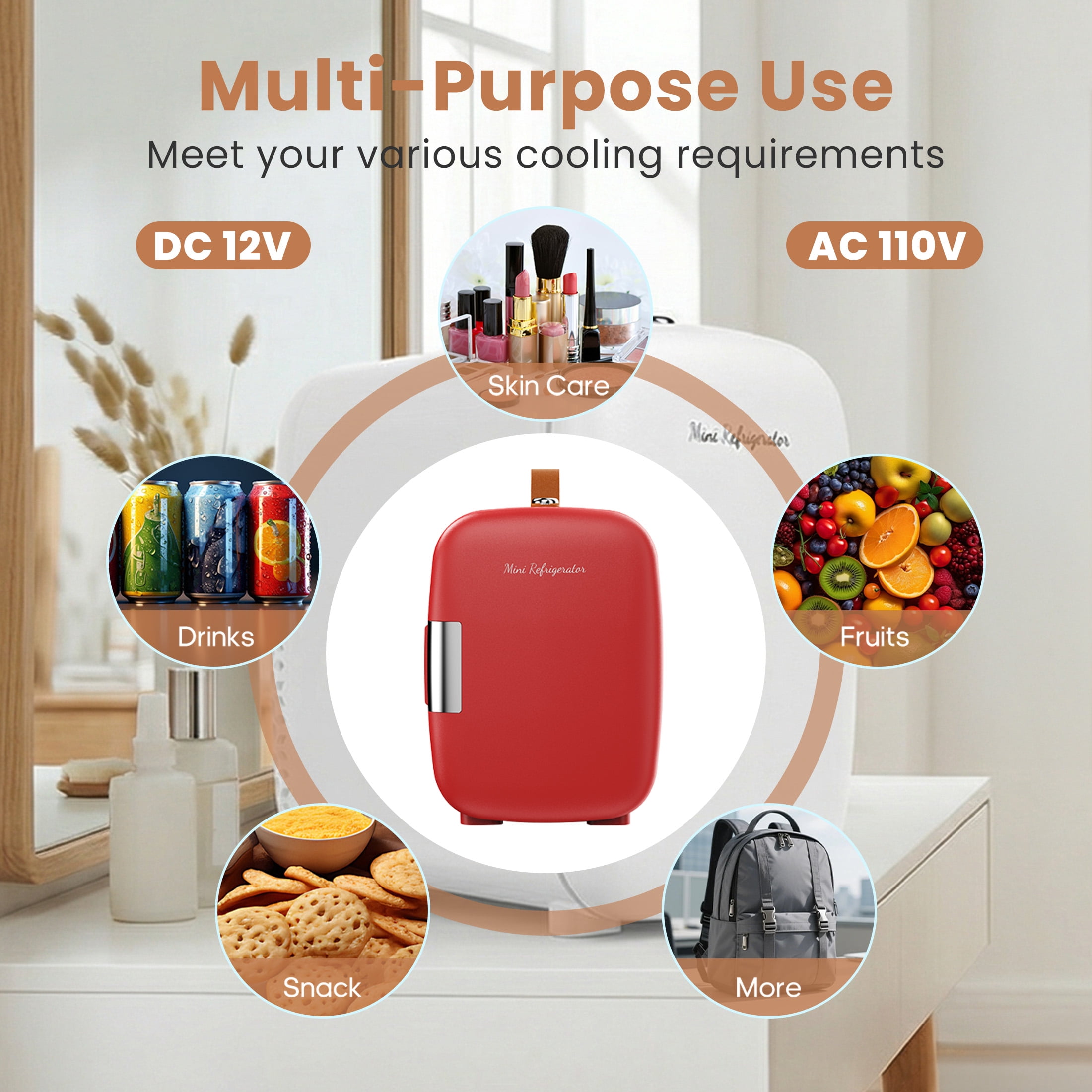 edx 4L Mini Fridge, Compact Refrigerator & Small Cosmetics Cooler for Skincare, Food, Drinks, Red