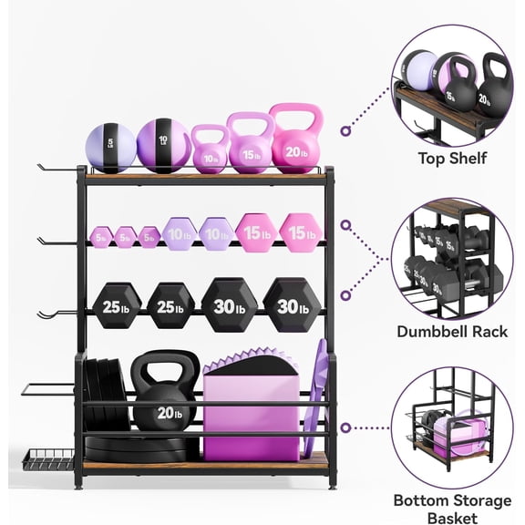 Home Gym 3-Tier Weight Rack, Steel Storage Stand for Dumbbells, Kettlebells & Medicine Balls, Includes Side Basket & Hooks, Multi-Purpose Workout Equipment Organizer