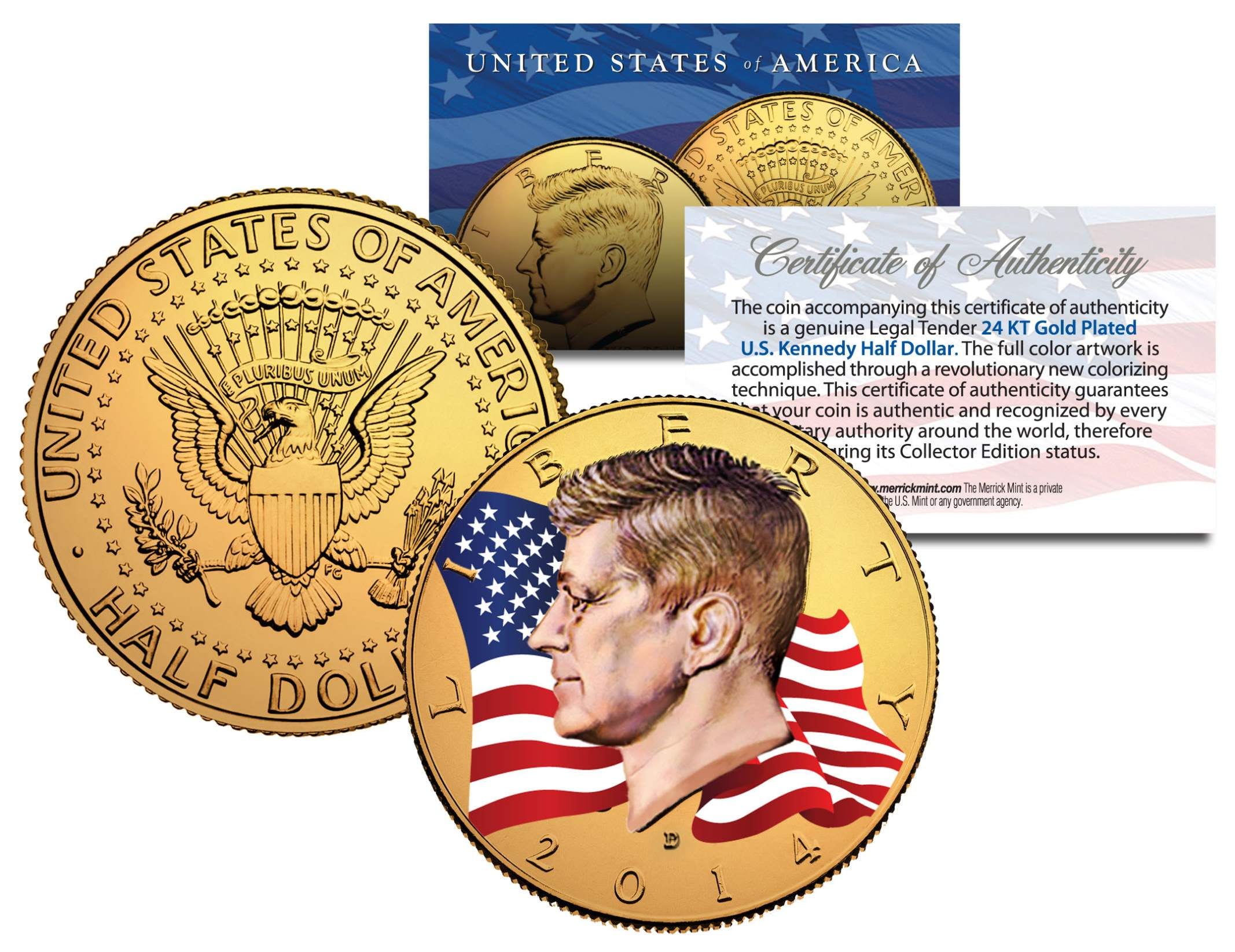 2014 JFK Kennedy Half Dollar Coin 24K GOLD PLATED P Colorized FLOWING FLAG 