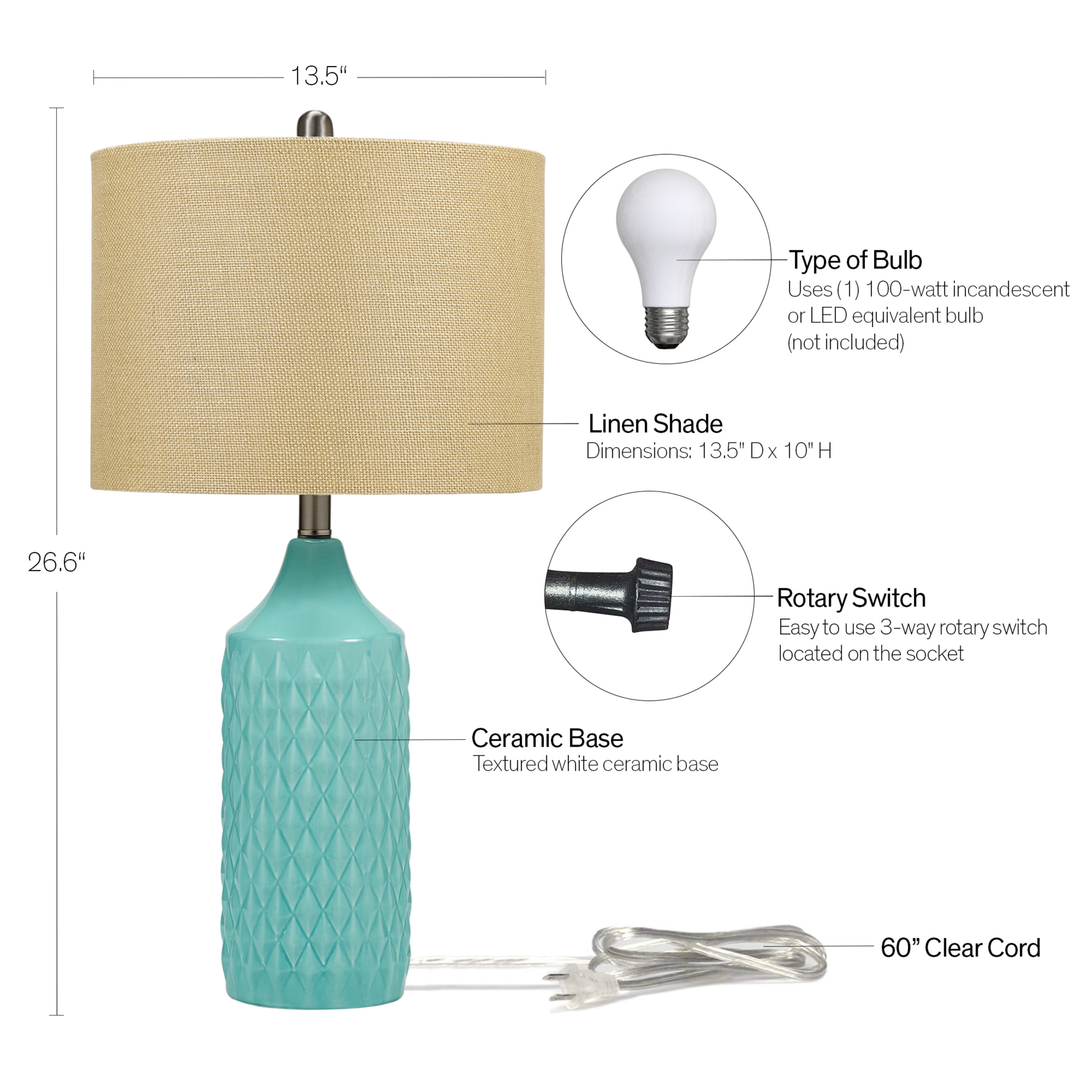 Cresswell Lighting 26.5" Coastal Quilted Ceramic Table Lamp with Natural Linen Drum Shade, Aqua Blue Finish