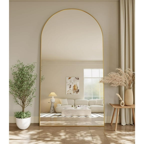 Oversized Full Body Mirror 35x78 inch Arched Full Length Mirror with Stand Aluminum Wall Mounted Hanging or Leaning Standing Mirrors,Gold