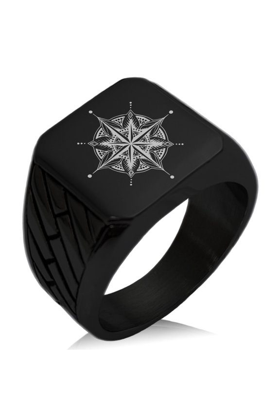 Stainless Steel Nautical Mandala Lotus Compass Geometric Pattern Biker Style Polished Ring