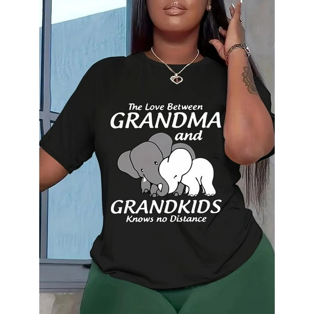 Grandma & Elephant Print T-shirt, Short Sleeve Crew Neck Casual Top For Summer & Spring, Women's Clothing Tee For Adult, Men, Women, Teen, Teenager, Adolescent, Youth