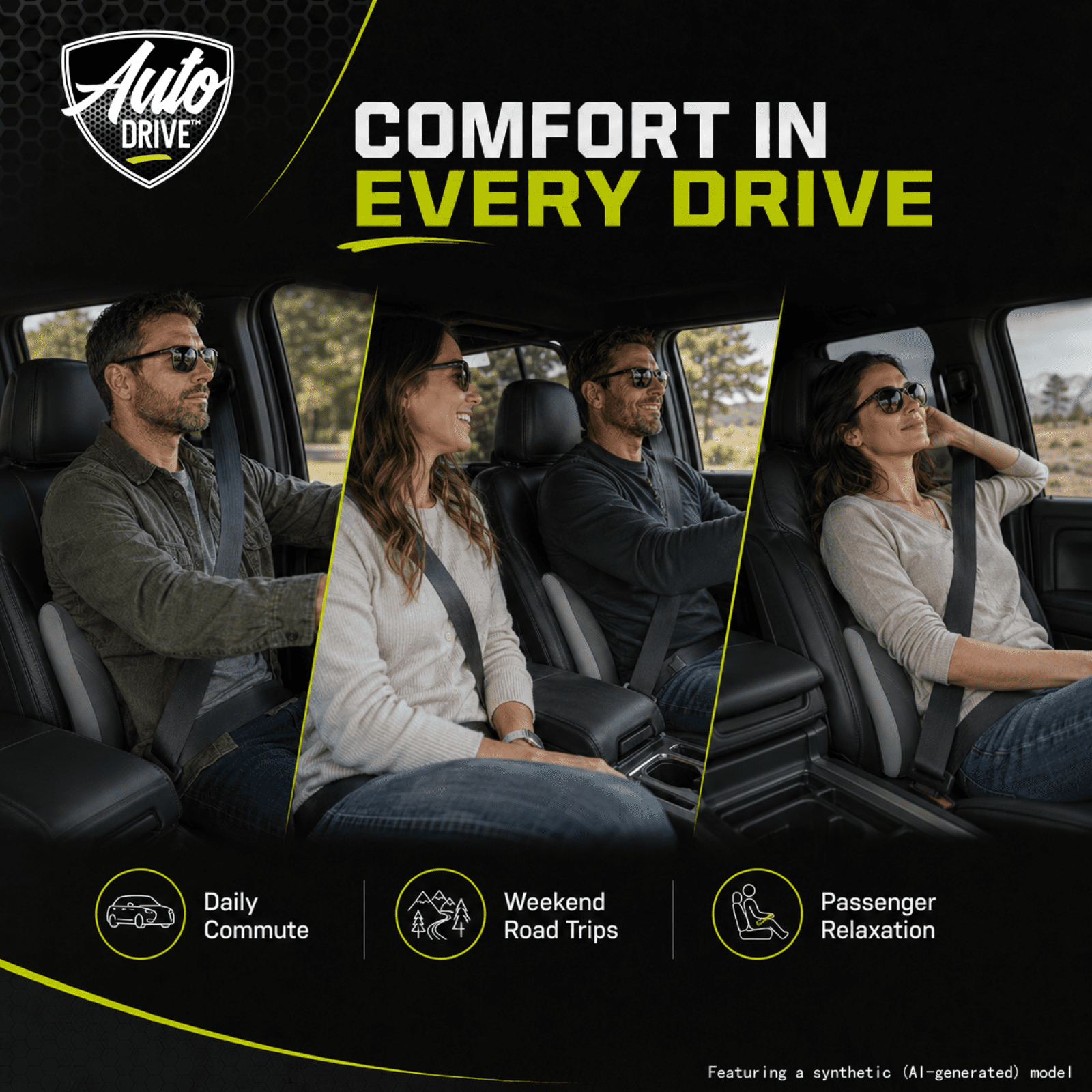 Auto Drive Waterproof Lumbar Support Pillow, Ergonomic Back Support Pillow for Car Seat & Office Chair, Non-Slip Lumbar Cushion for Lower Back Support, Universal Fit, Black & Gray