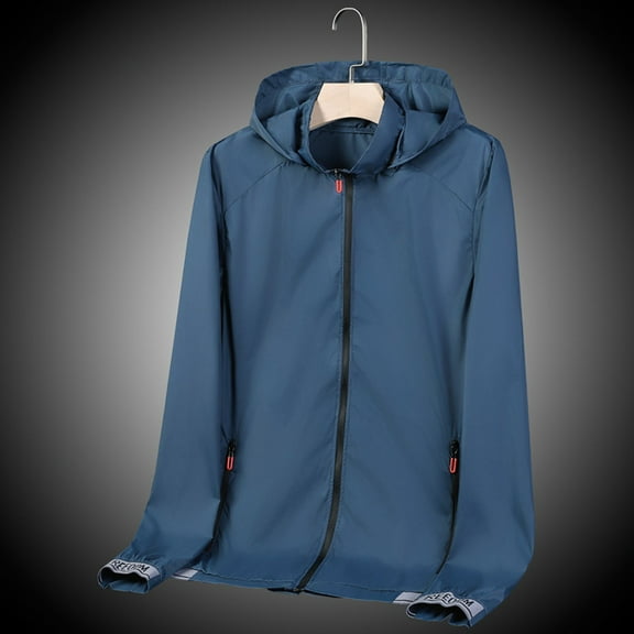 Rigardu jackets for men mens jacket Male Spring And Summer Sunscreen Ice Silk Thin Long Sleeved Zipper Hooded Solid Color Jacket Blue L