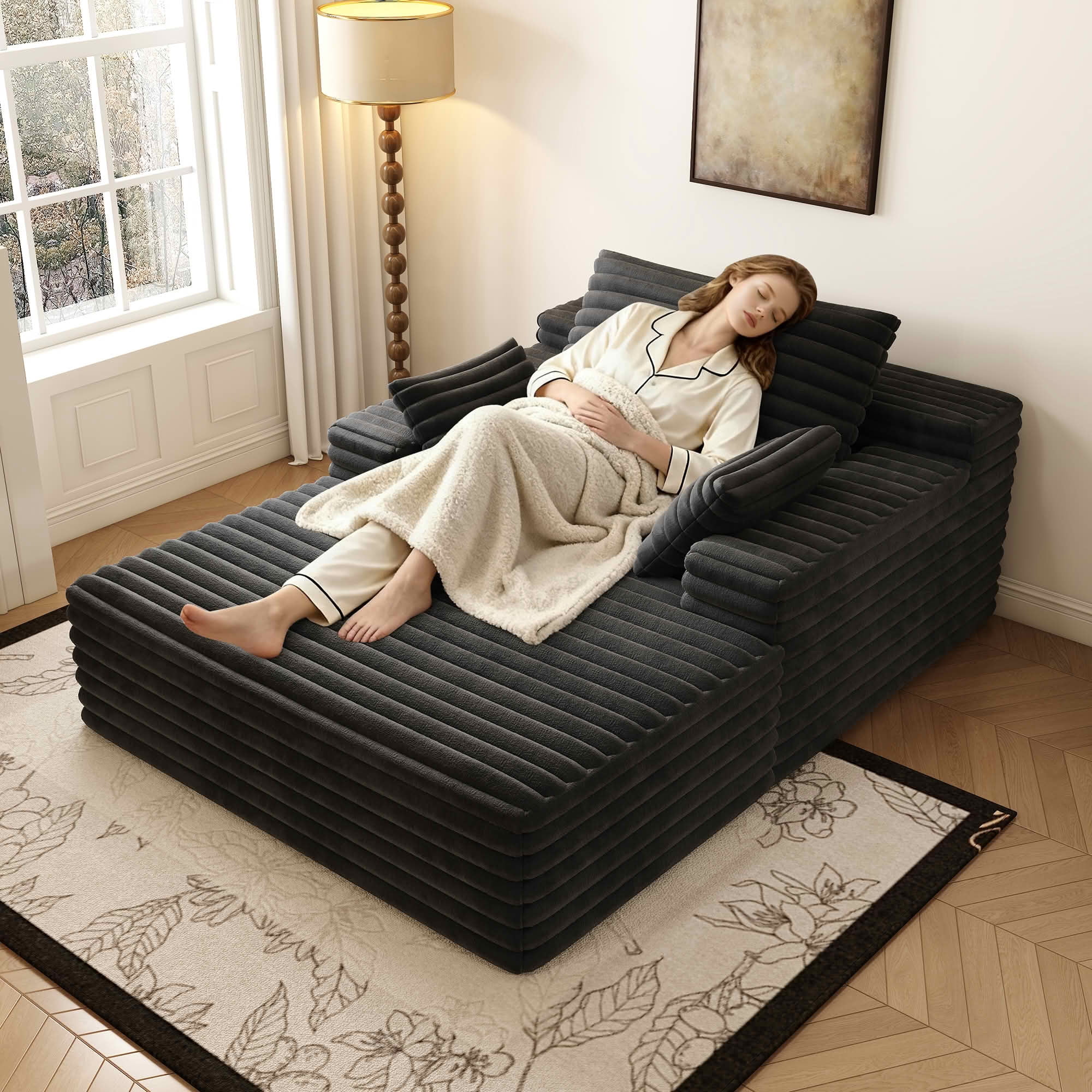 MAYEERTY 63" Black Oversized Indoor Chaise Lounge, Plush Sleeper Couch with Velvety Corduroy, No Assembly – Ideal for Napping & Movie Nights