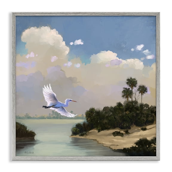 Stupell Industries Coastal Heron Flying Over Coastal Inlet Nature Gray Framed Giclee Art, 24 x 24, by Rick Novak