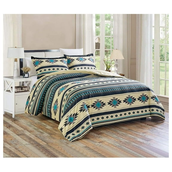3-Piece Southwestern Geometric Tribal Multicolor Teal Beige Black Gray Comforter Set, King Size