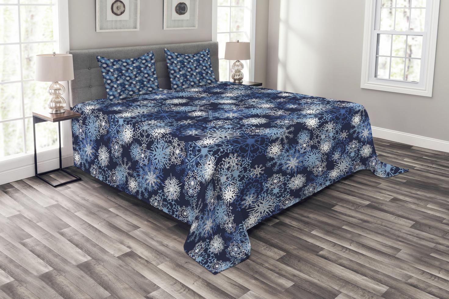 Winter Bedspread Set King Size, Various Different Ornate Snowflakes