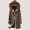thumbnail image 2 of QIPOPIQ Parka Jacket Women Clearance Drawstring Waist Fuzzy Trim Hooded Heavyweight Winter Coat Plus Size Long Jacket Faux Fur Hood Puffer Jacket Coffee S, 2 of 4