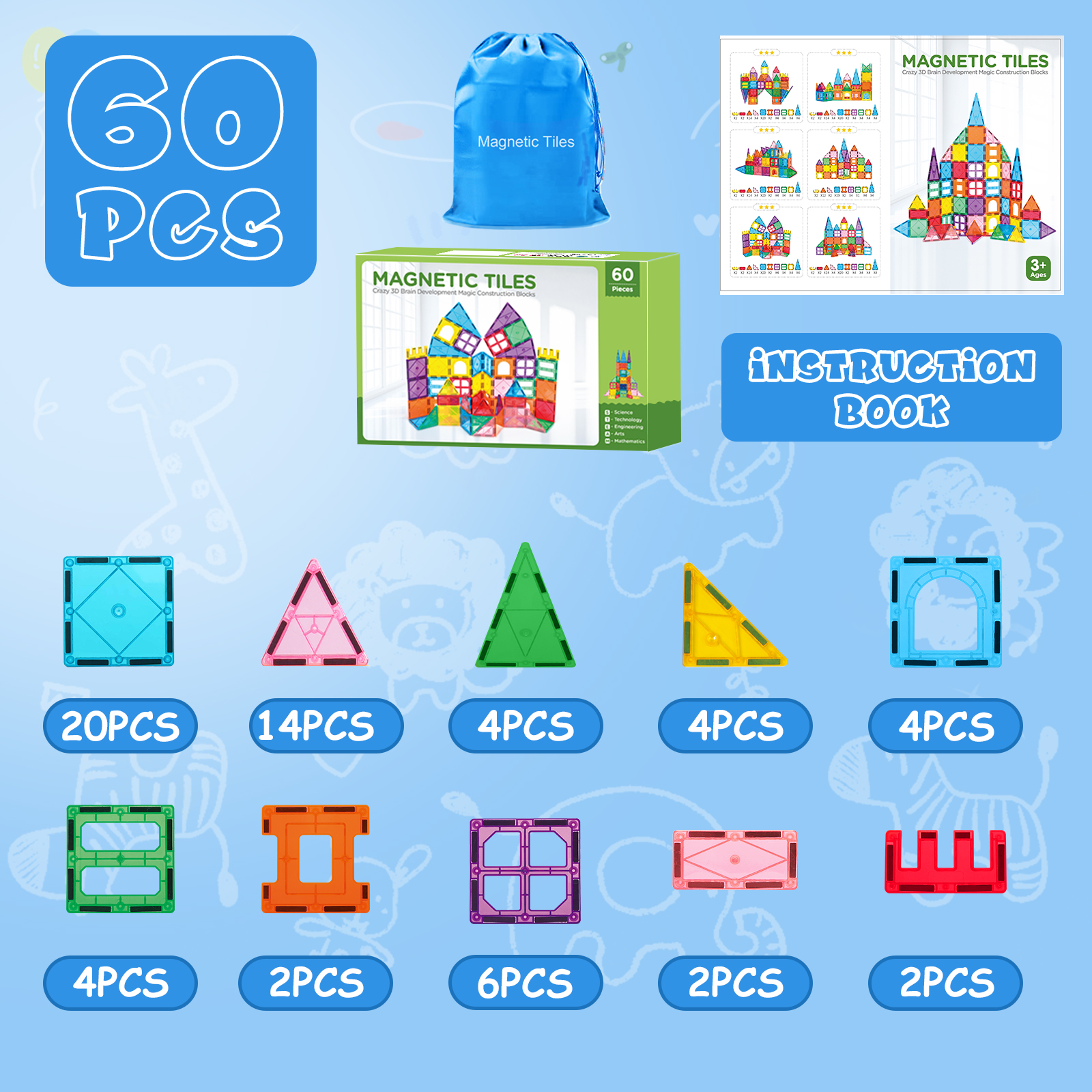 FunMagic Magnetic Tiles Starter Pack, 60 Pieces, Ages 3-8 photo 6