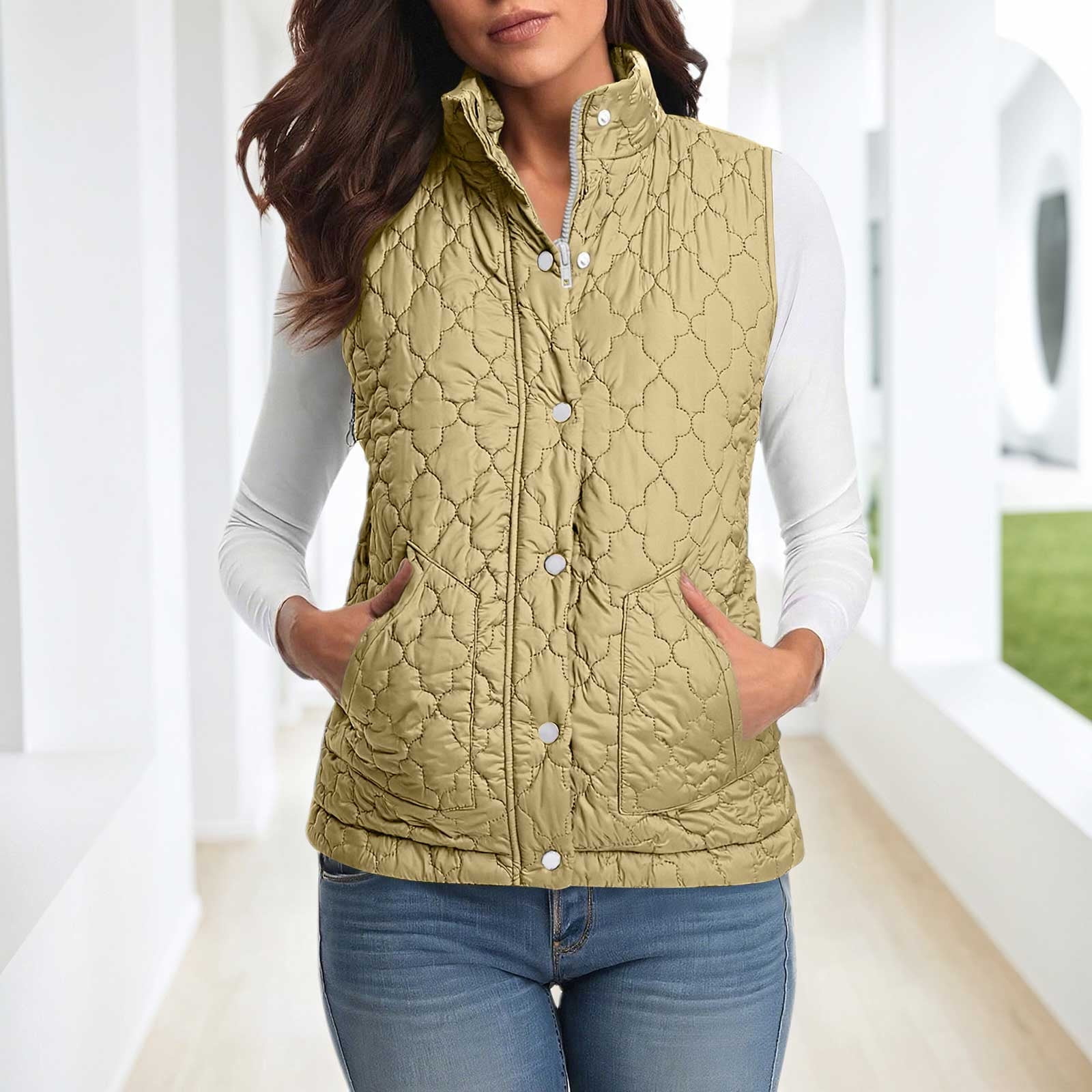 Fanxing Quilted Vest Womens Zipper Snap Button Sleeveless Puffer