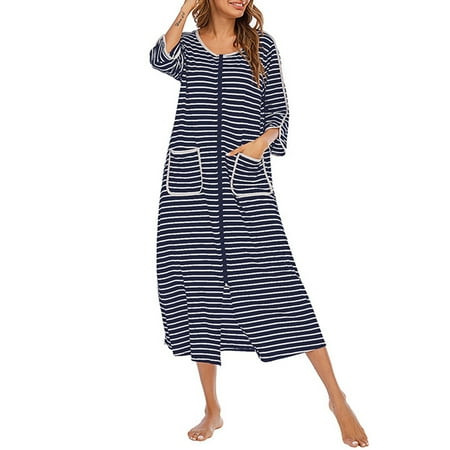 

Womens Robes Dressing Gowns Stripes Zipper Three-Quarter Long Sleeve Bathrobe with Pockets Nightwear