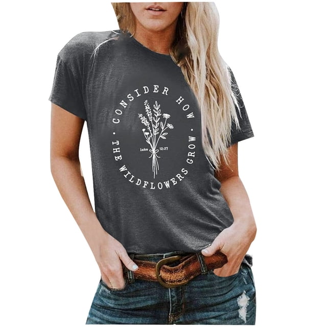 TSADFHJI Hauts Femmes Manches Courtes Col Rond Été Mode Décontracté Haut Manches Courtes avec Petite Fleur Imprimée T-Shirt en Coton Coloré TG Gris