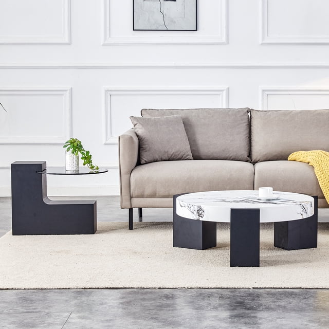 Table basse Noble House modulaire, MDF imitation bois, blanc et noir
