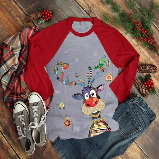 Pntutb moda mujer Navidad cuello redondo manga larga Patchwork impresión camiseta Casual blusa tops Pntutb Pntutb-4387