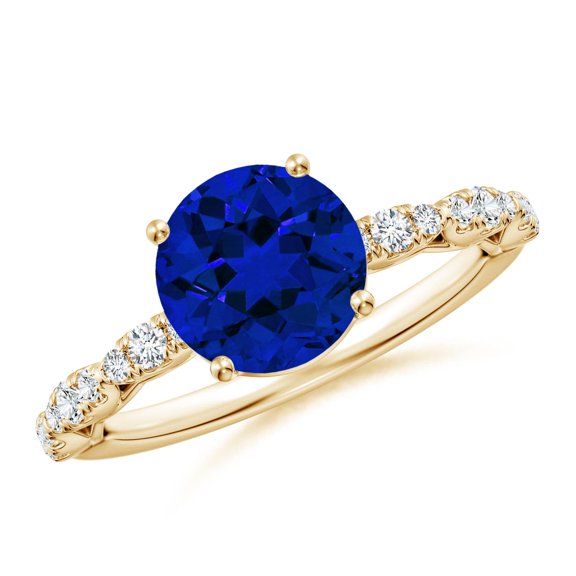 ANGARA Round Lab Grown 2.2 Ct Blue Sapphire Crescent Engagement Ring for Women in 14K Yellow Gold (Size-8mm) | September Birthstone, Anniversary, Jewelry Gift for Women | Lab-Grown Blue Sapphire Ring