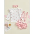 thumbnail image 2 of Suealasg Baby Girls Spring 3Pcs Outfits Sets 3M 6M 12M 18M 24M Infant Girls Birthday Clothes Long Sleeve Heart Print Tops Tiered Ruffle Suspender Shorts Headband Sets, 2 of 8