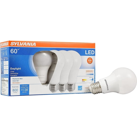 CERPXFF-Sylvania Ultra LED A19 Light Bulb, 60W Equivalent, Efficient 9W, 13 Year, 800 Lumens, Dimmable, Clear, Medium Base, 5000K, Daylight - 4 Pack (78040)