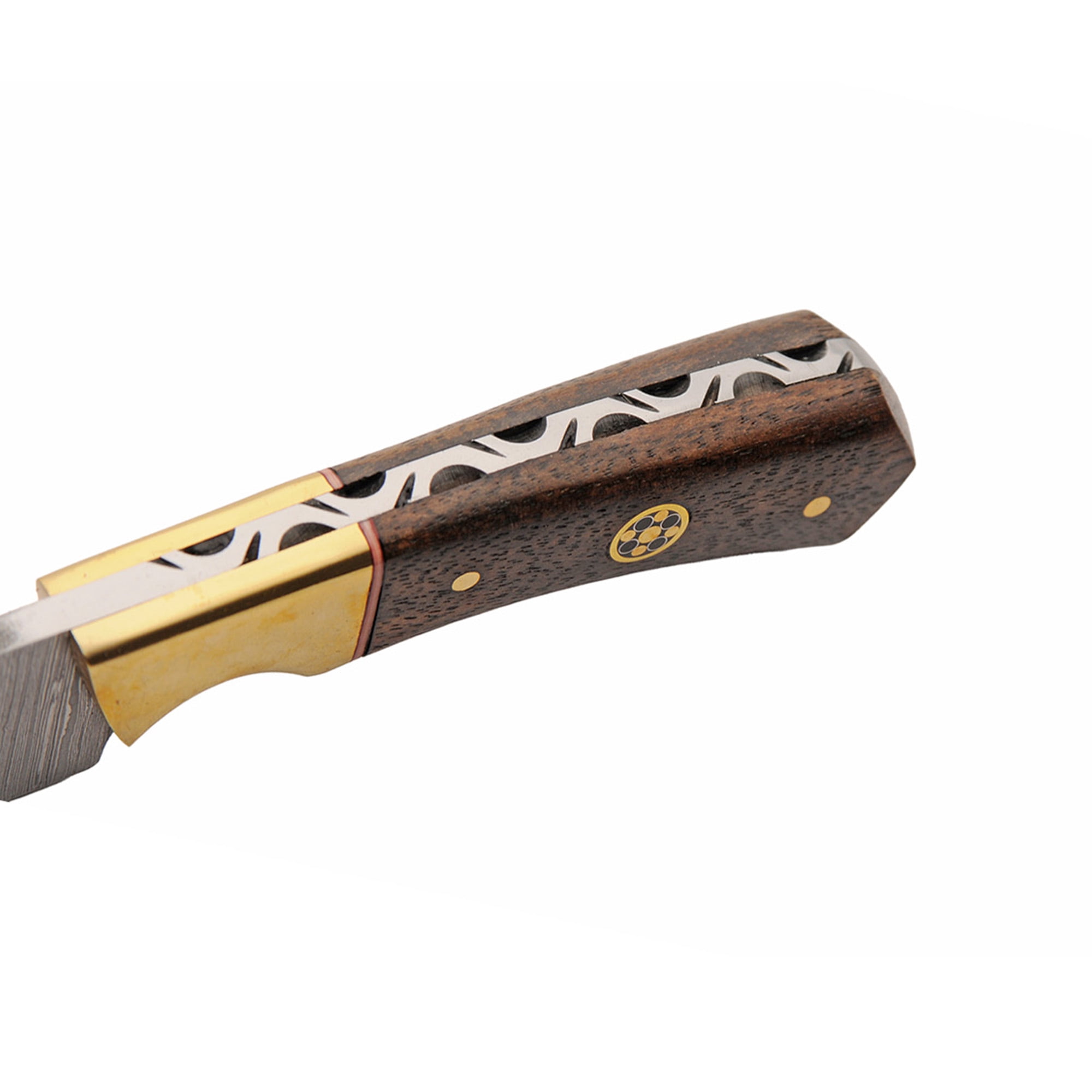 SANZ 6.5 Inch Bronze Baron Skinner Knife Damascus Blade Walnut Handle Full Tang Outdoor Hunting Knife With Leather Sheath Filework Design