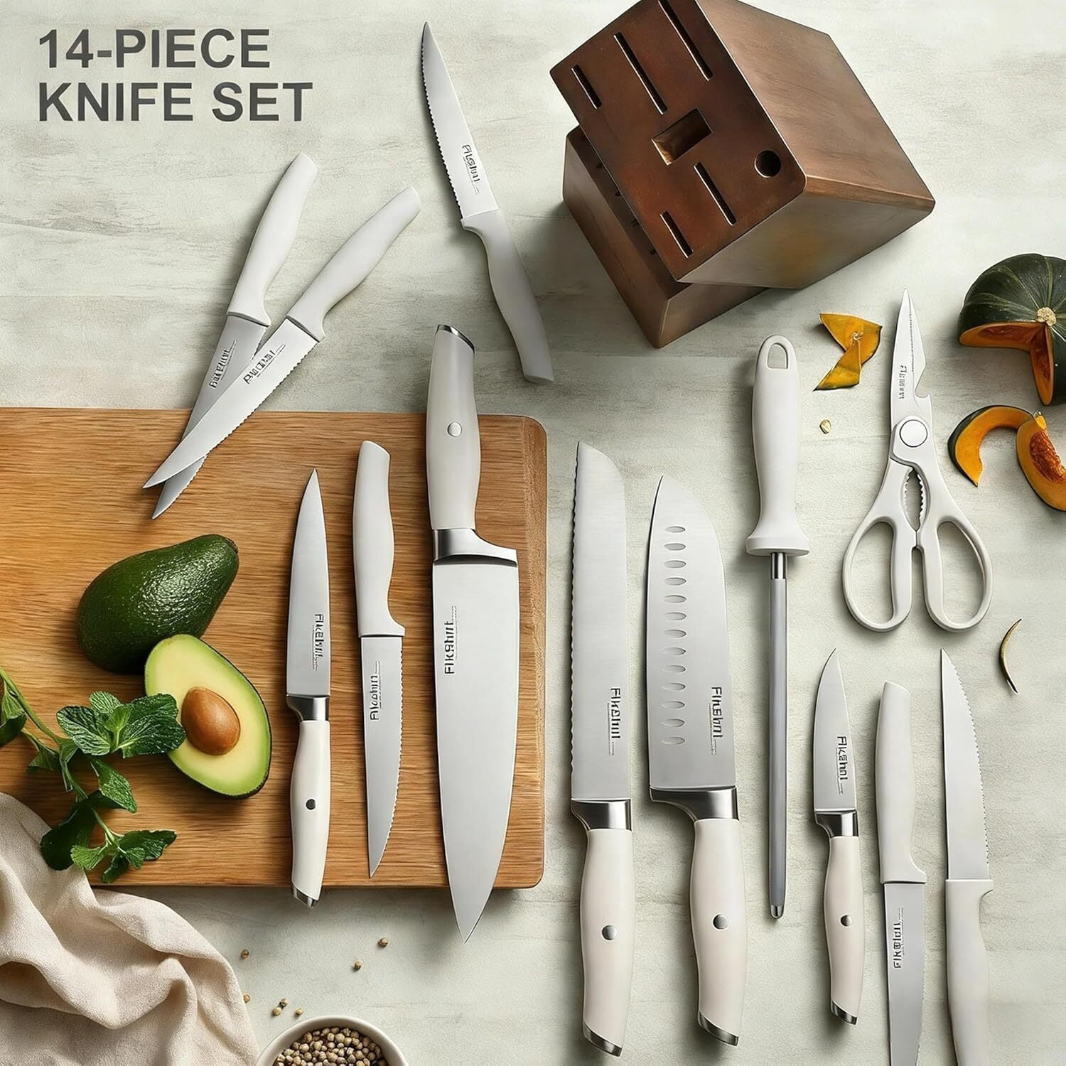 FIKSHOT 14-Piece Kitchen Knife Set with Built-in Sharpener, Professional White Stainless Steel Chef Knives, Dishwasher Safe, Silver