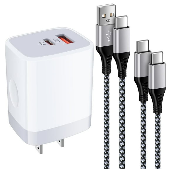 USB C Block,FiveBox 20W PD Type C Charger Block QC3.0 Dual USB C Wall Charger Adapter USB C Brick Fast Charging Block with 2pcs USB C Charging Cable 6ft,White