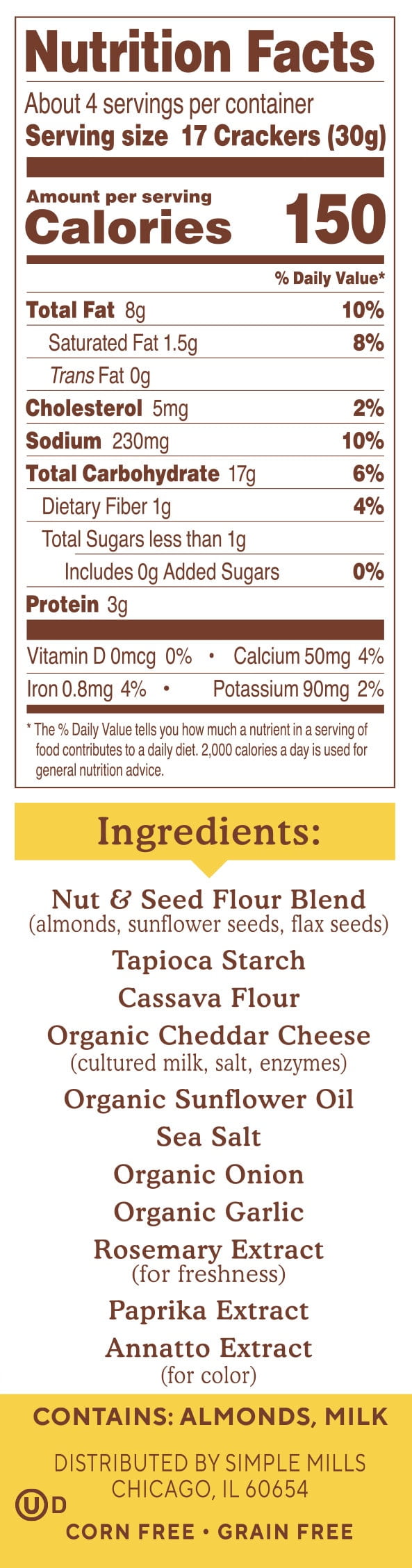 Simple Mills Almond Flour Crackers, Farmhouse Cheddar Gluten-Free Crackers, 4.25 oz
