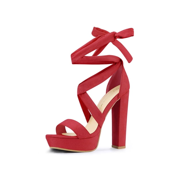 BLISSFUL STEP Women's Lace Up Platform Block Heel Sandals Red 10.5