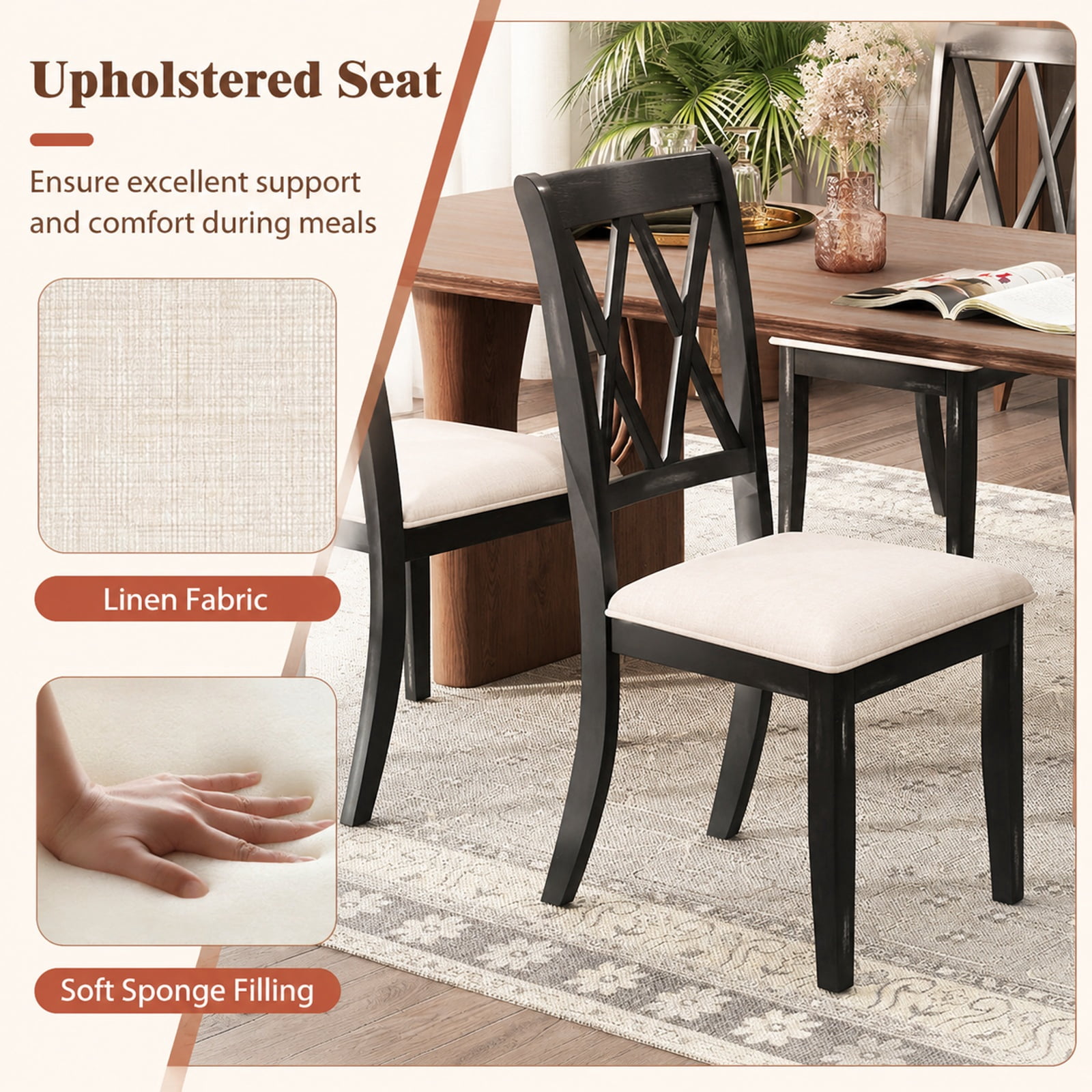 Furnibear Upholstered Dining Chairs Set of 2 Kitchen Side Chairs with Curved Cross Back and Natural Rubber Wood Legs for Dining Room, Beige