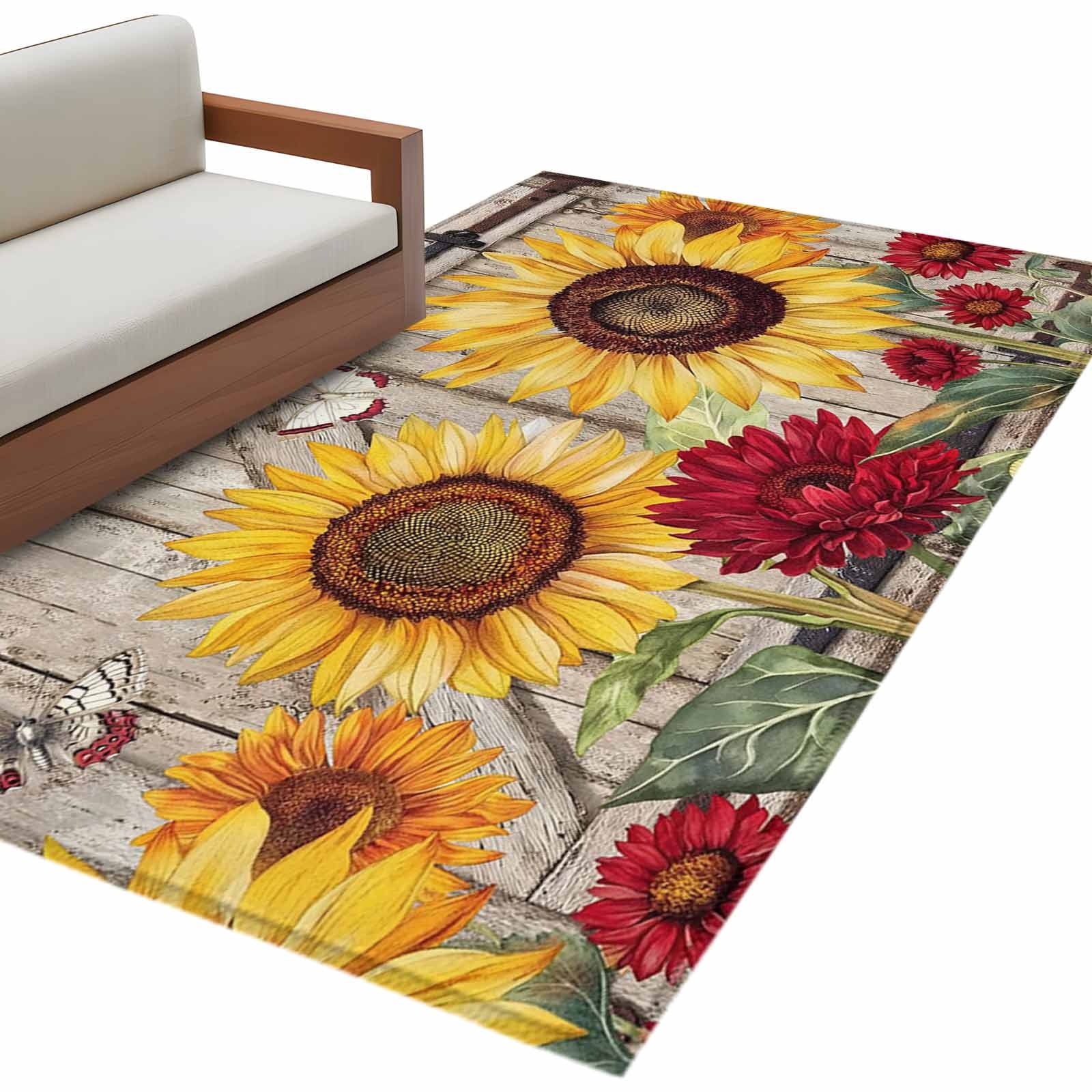 Rectangle Area Rugs 4 x 6 Ft, Sunflowers Non-Slip Residential Carpet, Retro Flower Barn Doors Butterfly Farmhouse Brown Indoor Crawling Mats Runner Rugs for Living Room/Dining Room/Bedroom