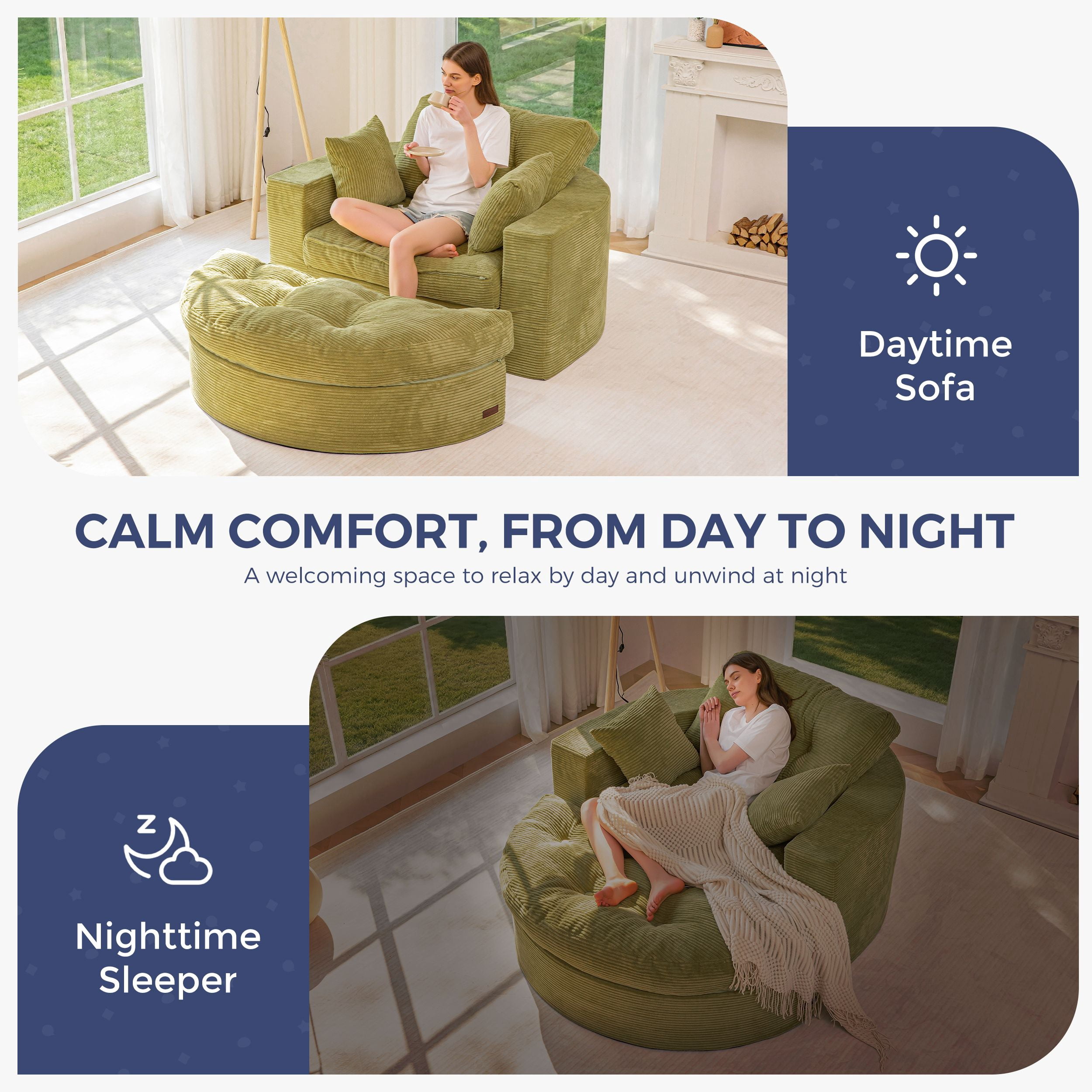 BYBYME 49''Round Chaise Lounge Chair,Corduroy Sofa Bed With Deep Seat,Upholstered Boneless Chaise Indoor,Cozy Sleeper Couch for Living Room with Ottoman,Green
