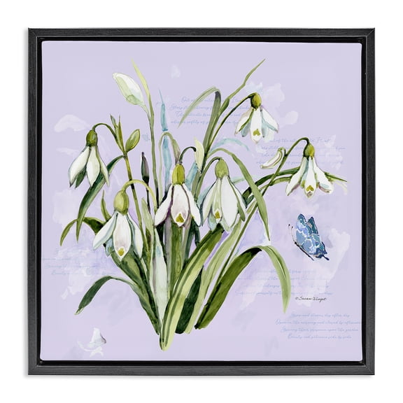 Stupell Industries Traditional Snowdrops with Vintage Writings Black Floating Frame Canvas Art, 18 x 18, by Susan Winget
