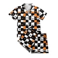 thumbnail image 5 of WTOBBY Ladies' Halloween Printed Pajama Set Loose Fit Casual Short Sleeve Top & Elastic Waist Shorts Two-Piece Sleepwear Comfortable Loungewear Home Outfit,Black L, 5 of 6
