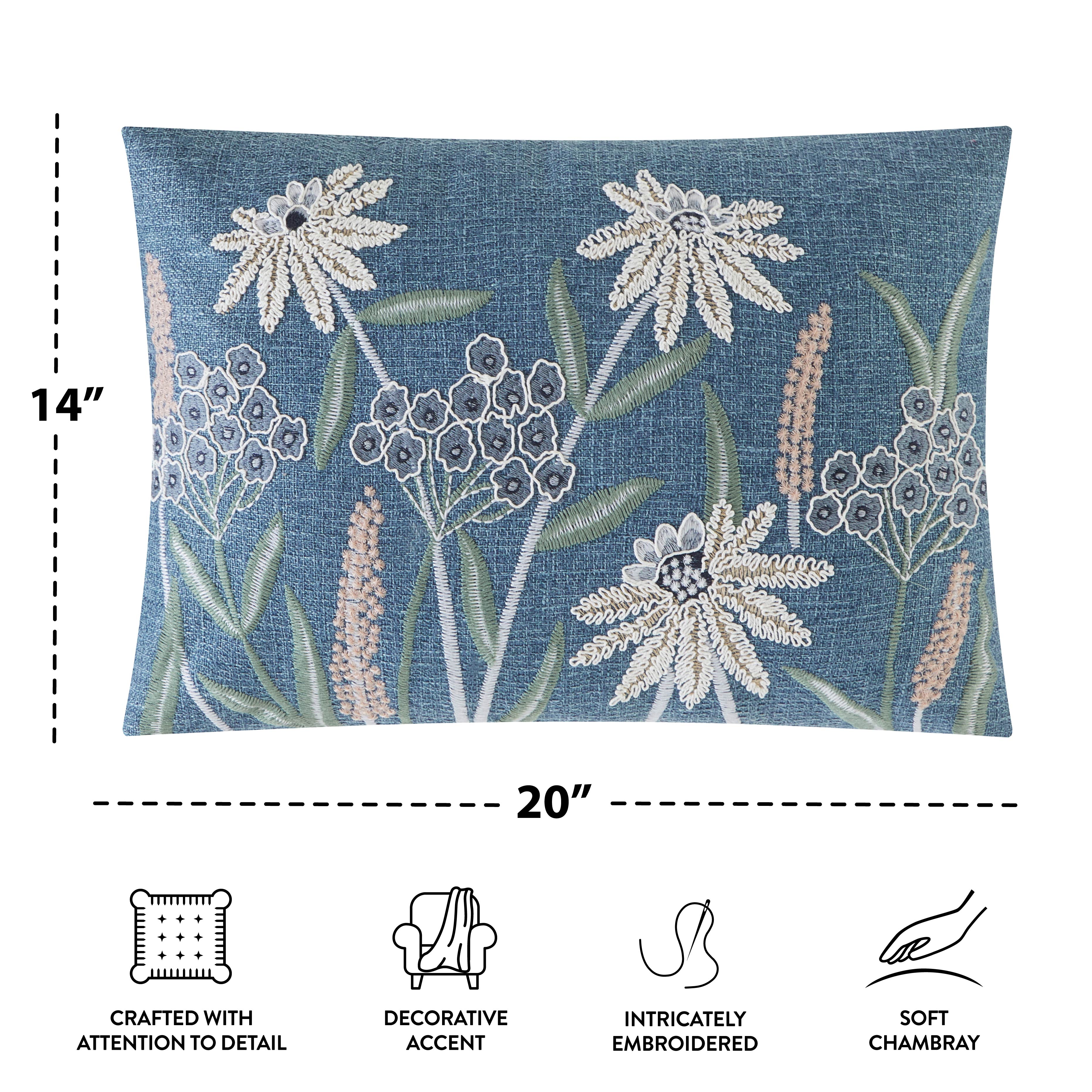 Mainstays Chambray Embroidered Botanical Decorative Pillow 14" x 20" - image 3 of 7