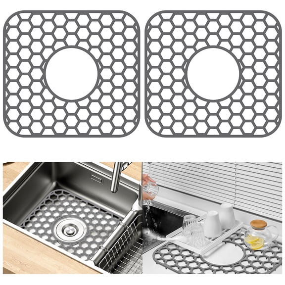 Tzdxfgl Kitchen Silicone Sink Mats, Non-Slip Heat-Resistant Sink Protector, 11" x 12", Gray, 2 Pack