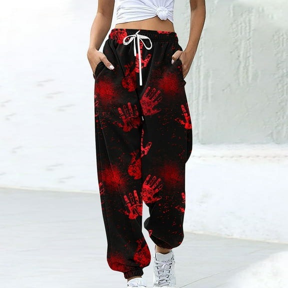 WXLWZYWL Halloween Sweatpants for Women Scary Bloody Splash Print Fleece Lined Bottoms Gym Workout Pants Halloween 2024 Fall Jogger Pants