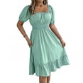 thumbnail image 2 of Karymi Summer Dresses for Women Square Neck Solid Puff Sleeve Dress, Stretchy Smocked Waist Flowy Ruffle Hem Summer Sundress Fore Dates Daily Summer Dresses for Women, 2 of 7