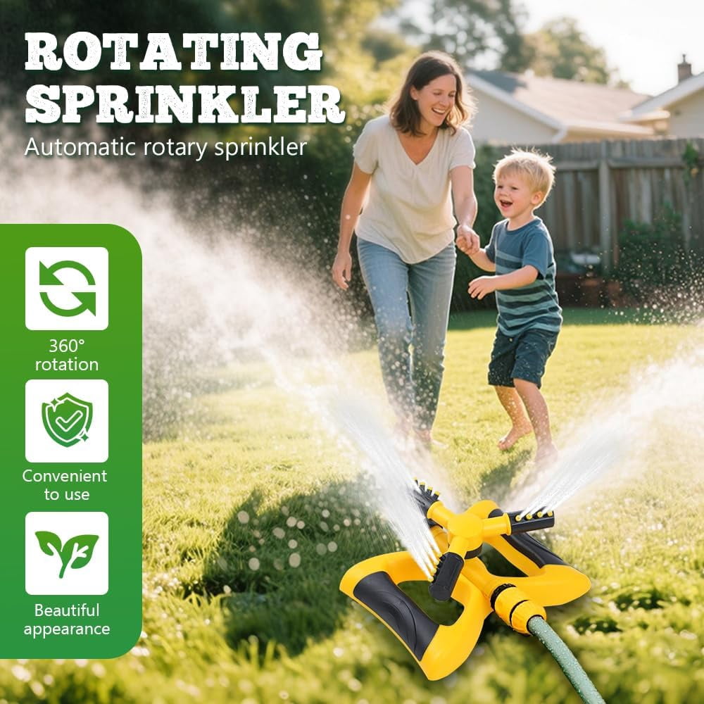 Rotating Lawn Sprinkler, Adjustable Arms, Weighted Base, Yellow