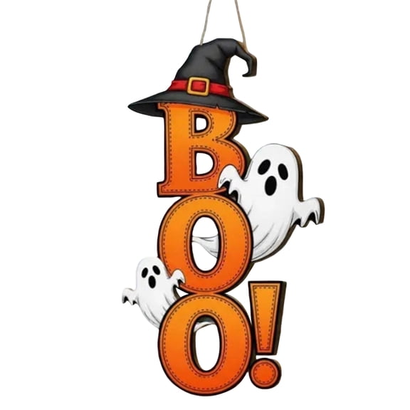 Halloween Wooden Hanging Sign, Gothic Spooky Boo with Ghost Witch Hat, 1 Piece Front Door Porch Decor, Gothic Horror Style Halloween Party Decoration Hanging Ornament