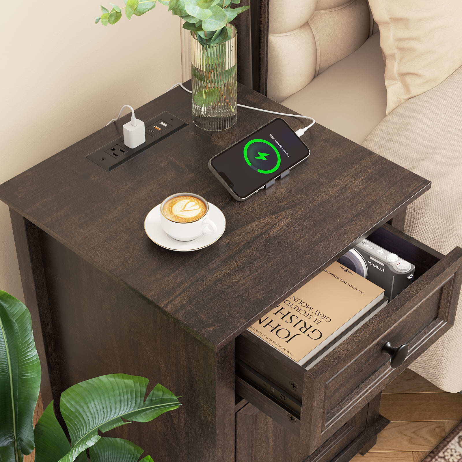 FAGAGA End Table for Living Room with Charging Station, Square Sofa Side Table with Drawer and Adjustable Storage Shelf, Wooden Nightstands Storage Cabinet for Bedroom, Office | Brown
