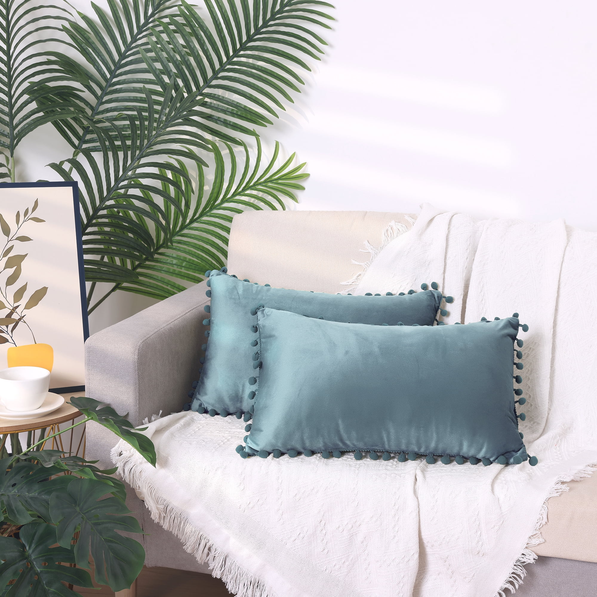 Unique Bargains 2 Velvet Throw Pillow Covers Pompoms Decorative Pillow Cases Cushion Cover Blue 12" x 20"