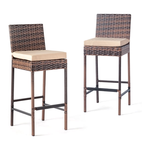 WoofPaw Patio Bar Stools Set of 2, Wicker Barstools with Beige Cushions, Armless Rattan Bar Chairs for Backyard, Poolside, Deck & Bar (Brown)