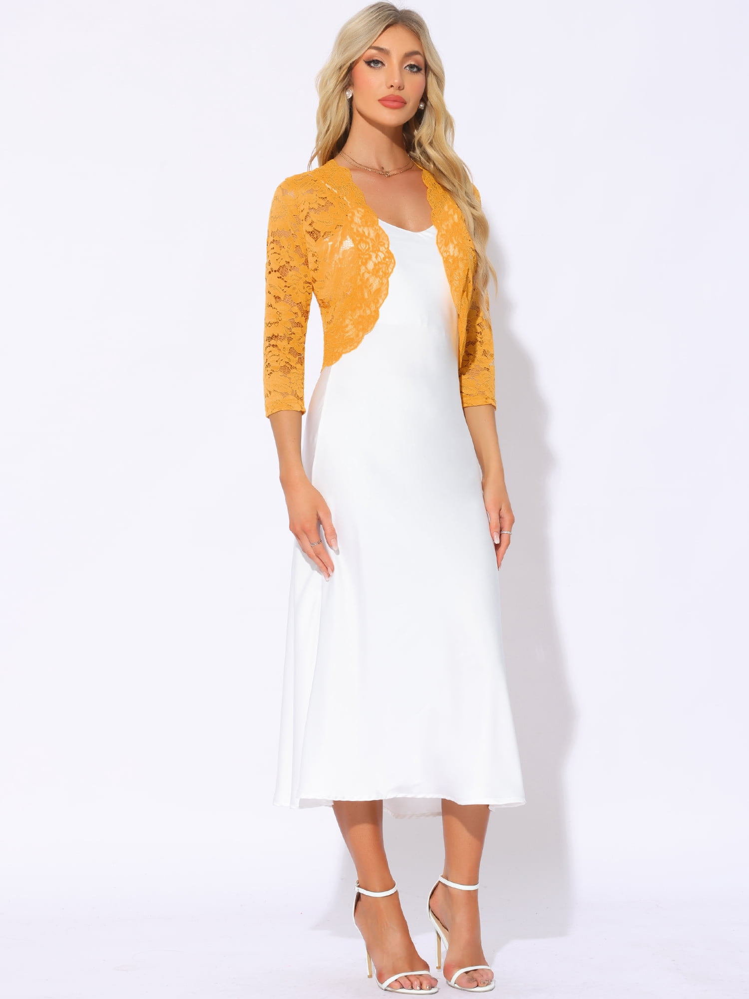 DARING DIVA 3/4 Sleeve Sheer Floral Lace Shrug Top XS Yellow