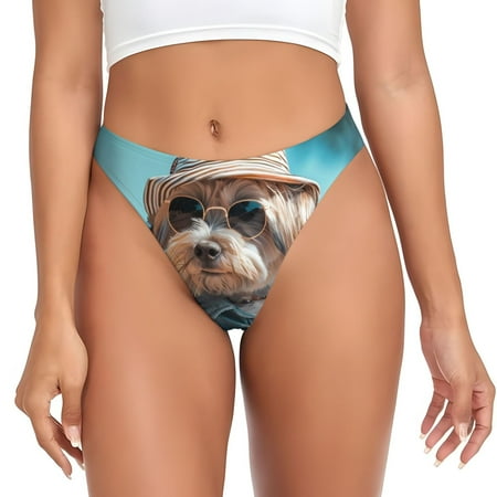 Rateoe Stylish Dog in Denim Outfit Pattern Seamless Women Underwear Thongs No Show Ladies Thong No Line Breathable Comfortable Panties Undies for Women-X-Small