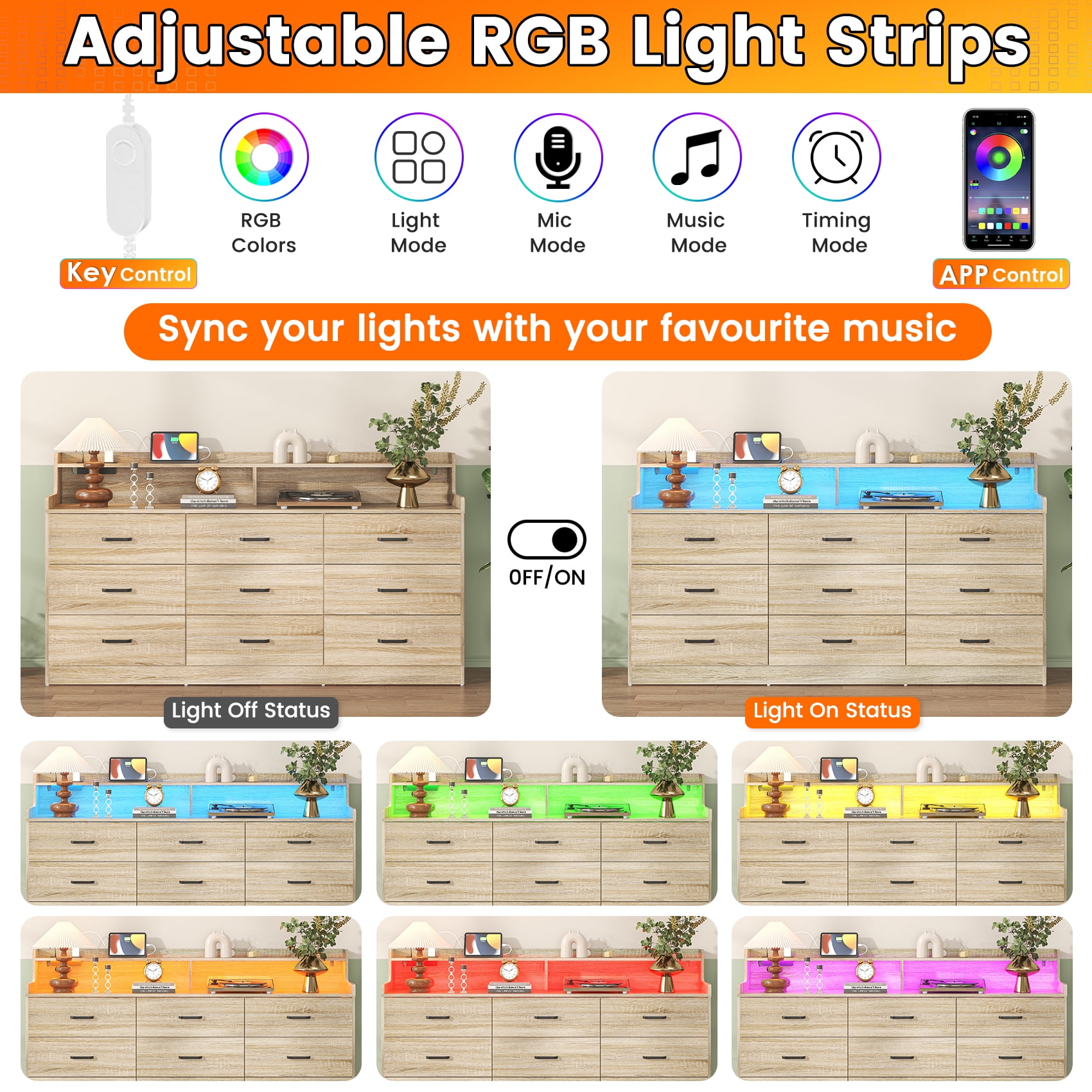 VVFLU Modern Dresser for Bedroom with LED Light, 9 Drawer Oak Dresser with Charging, Wooden Chest of Drawers, Large TV Stand for Bedroom