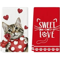 Red Cat Heart Scarf Sweet Love Valentine''s Day Kitchen Towels Dish Towels, 18x26 Inch Anniversary Wedding Decoration Hand Towels Set of 2