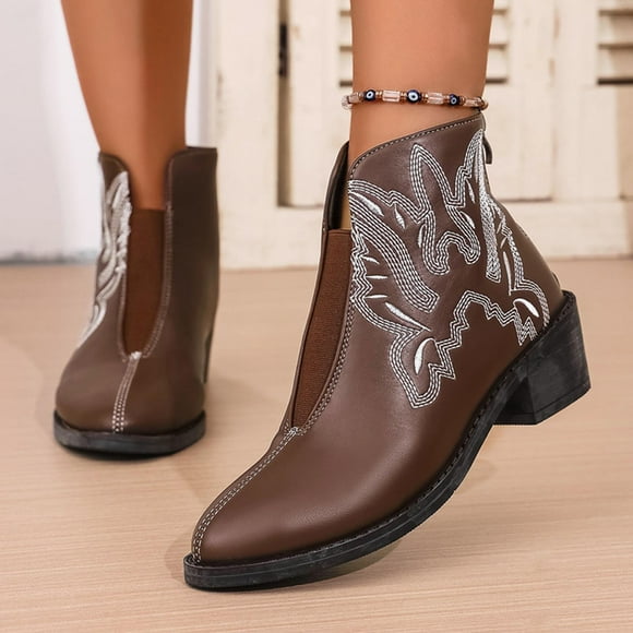 Amzcrzy Ankle Boots for Women Women's Fashionable Casual British Style Short Boots Solid Color Embroidery Round Pointed Toe Low Heel Ankle Boots Womens Booties Women's Boots Booties for Women
