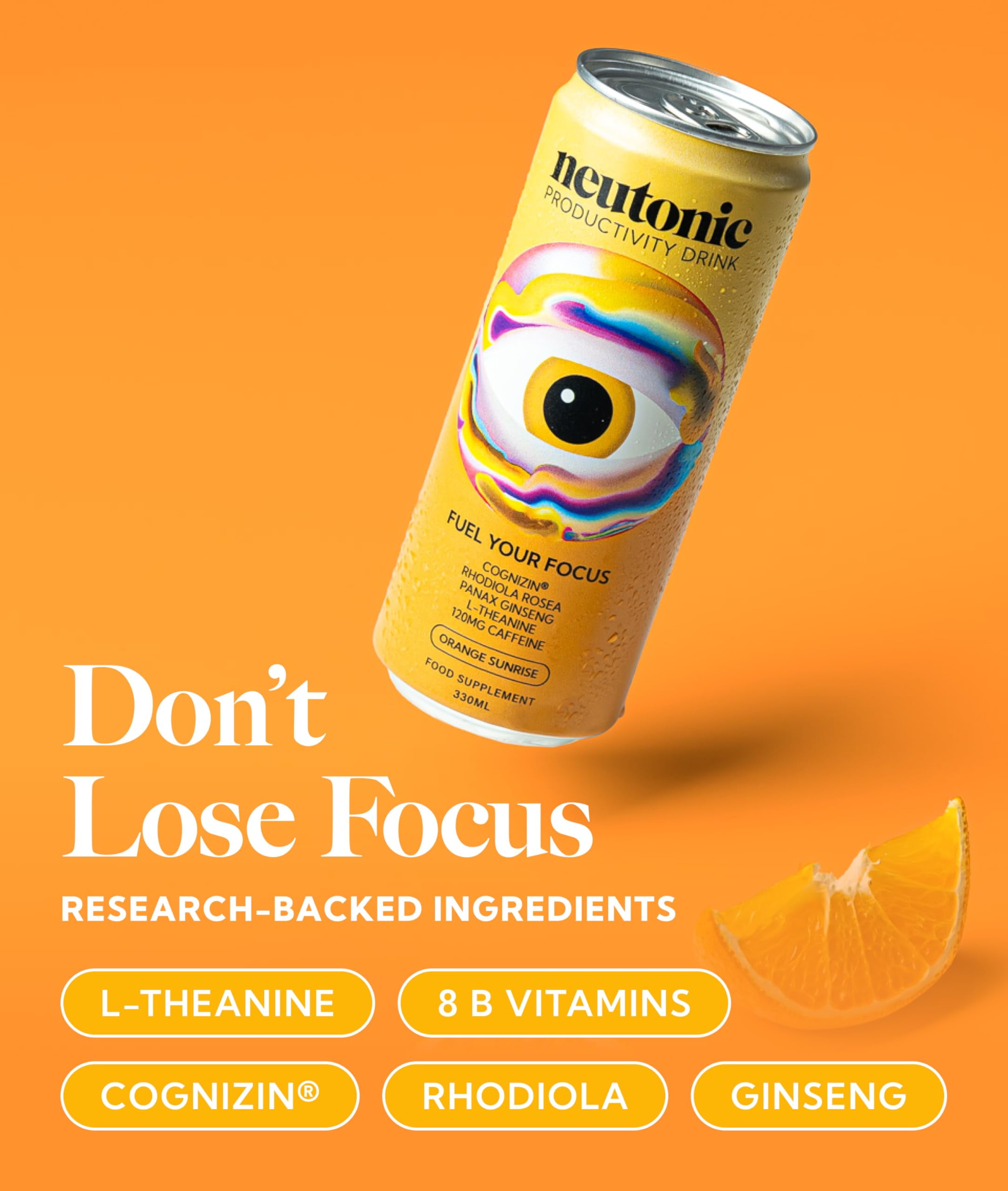 Neutonic Nootropic Productivity Energy Drink | Orange Sunrise 12 Cans | 120mg Natural Caffeine, Zero Sugar | Support Memory, Mental Clarity, Cognitive Function | Boost Focus, Energy, Brain Health